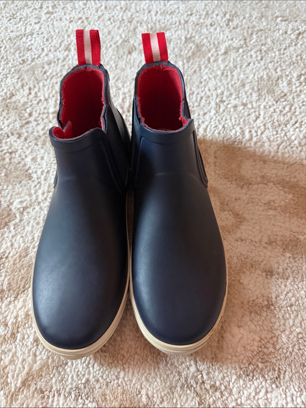 Joules Navy Chelsea Rain Boots with Red Lining and Stripe Pull Tabs